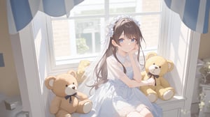 A girl in a light blue lace dress sitting by a windowsill with two plush toys, dressed in a white dress with a veil on her head, is seated on a white window sill. She is smiling, her left hand resting on her chin, adding a touch of warmth to the scene. The teddy bear on the left is a light brown color, while the teddy on the right is a darker shade of brown. The woman's hair is dark brown, and her eyes are a piercing blue. The wall behind her is a creamy white, and the window is adorned with a blue and white striped awning. soft lighting, warm and cozy atmosphere, blurred outdoor scene through the window.