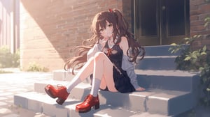 (1girl, solo), long hair, looking at viewer, skirt, brown hair, dress, brown eyes, jewelry, sitting, full body, outdoors, shoes, sleeveless, socks, black skirt, necklace, black dress, lips, shadow, white socks, red footwear, stairs,

A woman sitting on outdoor steps, wearing a black sleeveless dress, long wavy hair, white socks, and red patent leather chunky shoes. Sunlight casting long shadows, with a brick wall and door in the background