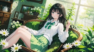 masterpiece, best quality, high quality, extremely detailed CG unity 8k wallpaper, extremely detailed, High Detail, vibrant colors, backlight, photo background, 

1girl, solo, long hair, bangs, skirt, shirt, black hair, long sleeves, holding, jewelry, flower, outdoors, parted lips, black eyes, lips, looking to the side, window, ring, white skirt, plant, white flower, green shirt, holding flower,

a woman holding white daisies, wearing a green knitted sweater, long straight hair, outdoor setting with wooden window and green plants, serene atmosphere, 