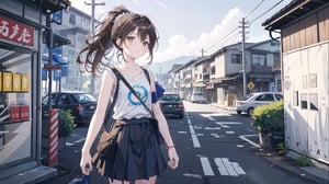 masterpiece, best quality, high quality, extremely detailed CG unity 8k wallpaper, extremely detailed, High Detail, vibrant colors, backlight, photo background, 

(1girl, solo), skirt, brown hair, shirt, brown eyes, ponytail, outdoors, parted lips, food, solo focus, bag, blue shirt, ground vehicle, building, motor vehicle, realistic, car, road, street, real world location,

woman, standing, street, blue t-shirt, white skirt, white shoulder bag, holding cute item, 7-Eleven, convenience store, background, pedestrians, vehicles, daytime,