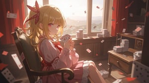 A young girl sits pensively on a worn chair, surrounded by stacks of playing cards, amidst a room bathed in soft, warm light. A large window behind her frames a serene landscape, while red curtains flutter gently. Her long blonde hair falls to her shoulders, with bangs framing her thoughtful expression. The pink dress and red bow add a touch of whimsy, as she holds a card tightly in her hand, lost in contemplation.