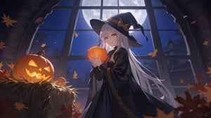 Mystical Moonlight Encounter: A young anime girl, dressed in a black cape and witch hat, holds a pumpkin with an intense gaze. Standing before a large window framing a moonlit night sky, her focus is riveted on the pumpkin. To her left, a vibrant yellow pumpkin sits atop a straw bale amidst autumn leaves, adding a burst of warmth to the enchanting scene.