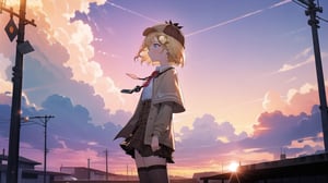 masterpiece, best quality, high quality, extremely detailed, High Detail, vibrant colors, backlight, colorful, illustration, purple and pink hues

(1girl, solo), short hair, blue eyes, blonde hair, monocle hair ornament, from side, virtual youtuber, amelia watson, watson amelia, amelia_detective, collared shirt, red necktie, plaid skirt, thighhighs, (detective accessories:0) deerstalker, brown capelet, pocket watch, stethoscope, syringe, 

outdoors, sky, cloud, wind, sunset, sunset sky, large clouds, detective outfit, plaid hat, wind blowing, soft lighting, outdoor scene, bus stop sign