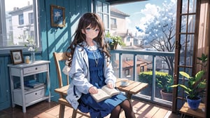 masterpiece, best quality, high quality, extremely detailed CG unity 8k wallpaper, extremely detailed, High Detail, vibrant colors, backlight, photo background, dreamy atmosphere, serene, peaceful, pastel colors,

(1girl, solo), long hair, looking at viewer, brown hair, black hair, long sleeves, dress, holding, brown eyes, sitting, jacket, indoors, lips, book, blue dress, white jacket, door,

A person wearing a white jacket and light blue dress, sitting on an indoor bench, reading a comic book,
Background with wooden doors and walls, traditional design elements,