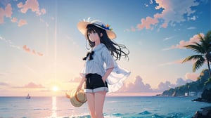 masterpiece, best quality, high quality, extremely detailed CG unity 8k wallpaper, extremely detailed, High Detail, vibrant, colors, backlight, ethereal, dreamy, soft lighting,

(1girl, solo), shirt, black hair, hat, white shirt, outdoors, sky, shorts, water, ocean, white headwear, black shorts, sun hat, sunset, photo background,

A girl standing by the sea during sunset, wearing a white lightweight blouse and black shorts, with a white wide-brimmed straw hat, The background features a calm ocean with multiple boats anchored in the distance, and the sky displaying a beautiful gradient from orange to blue, surrounded by soft clouds and gentle light reflections on the water, giving a serene and magical atmosphere,