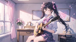 masterpiece, best quality, high quality, extremely detailed CG unity 8k wallpaper, extremely detailed, High Detail, vibrant colors, backlight, photo background, pink tones,

(1girl, solo), long hair, smile, bangs, skirt, black hair, bow, twintails, sitting, school uniform, closed eyes, indoors, low twintails, pink bow, instrument, desk, music, guitar, playing instrument, electric guitar, acoustic guitar

A girl in a school uniform sitting in a pink classroom, playing a pink guitar. The room is decorated with pink tones, a painting of smiling flowers on the wall, and plush toys in the corner,