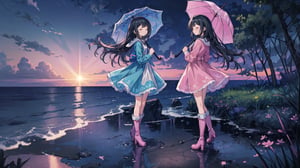 masterpiece, best quality, high quality, extremely detailed CG unity 8k wallpaper, extremely detailed, High Detail, anime style, colors, backlight, cute background, dreamy background, ethereal ambiance, magical atmosphere, fantasy elements, whimsical,

(2 girls, twins), long hair, multiple girls, black hair, dress, 2girls, closed eyes, boots, day, water, ocean, umbrella, knee boots, dual persona, pink footwear,

Two girls standing by the water, wearing cute dresses, long hair, holding a transparent umbrella, one in a pink dress, the other in a blue dress, fashionable boots, calm sea in the background, clear sky, refreshing and cheerful atmosphere, 