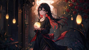 masterpiece, best quality, high quality, extremely detailed CG unity 8k wallpaper, extremely detailed, High Detail, vibrant, colors, backlight, simple background, brick wall background, ethereal lighting, dreamlike atmosphere, sparkling effects, red tune, 

(1girl, solo), long hair, looking at viewer, black hair, jewelry, necklace, black eyes, lips, magic, brick wall, glowing aura, fairy lights, full body, upper body,

A young girl standing in front of a brick wall, holding glowing string lights in her hands, dimly lit background, warm and mysterious atmosphere, calm expression, direct gaze at the camera, slightly pursed lips, wearing a black outfit with red floral embroidery, surrounded by soft glowing orbs, magical ambiance, gentle breeze moving hair and lights, serene and enchanting mood, starry sparkles in the background,