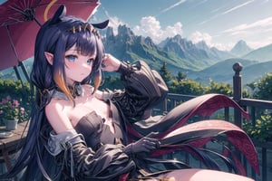 //Quality
(((best quality, 8k wallpaper))), ((detailed eyes, detailed illustration, masterpiece, ultra-detailed)),

//Charater
1girl, solo, ninomae ina'nis, bangs, inapriestess, strapless dress, low wings, halo, tentacles

// Pose
profile, in_profile, upper body, (dynamic angle), 

// Background
balcony scenery, blue cloudy sky scenery, plants and flowers, mountains scenery