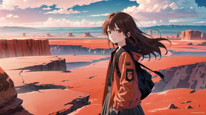 masterpiece, best quality, high quality, extremely detailed CG unity 8k wallpaper, extremely detailed, High Detail, vibrant colors, backlight, photo background, 

(1girl, solo), long hair, looking at viewer, smile, skirt, brown hair, long sleeves, standing, jacket, outdoors, coat,

A person wearing a black jacket standing in front of a vast desert landscape with rocky formations and a cloudy sky, A vast desert landscape with reddish-orange rock formations, eroded geological structures, and flat rock plateaus in the distance under a cloudy sky,