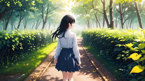 masterpiece, best quality, high quality, extremely detailed CG unity 8k wallpaper, extremely detailed, High Detail, vibrant, colors, backlight, simple background, ethereal, dreamy, soft light, pastel hues,

1girl, solo, long hair, skirt, shirt, black hair, long sleeves, standing, outdoors, striped, from behind, tree, blue skirt, long skirt, striped shirt, fence, facing away,

A girl with long black hair, wearing a striped long-sleeve shirt and a dark blue skirt, walking on a forest path surrounded by trees, The ground is covered with fallen leaves, creating a tranquil and natural atmosphere, soft glow, misty background, gentle breeze, warm tones, soft focus,