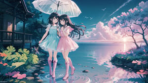 masterpiece, best quality, high quality, extremely detailed CG unity 8k wallpaper, extremely detailed, High Detail, anime style, colors, backlight, cute background, dreamy background, ethereal ambiance, magical atmosphere, fantasy elements, whimsical,

(2 girls, twins), long hair, multiple girls, black hair, dress, 2girls, boots, day, water, ocean, umbrella, knee boots, dual persona, pink footwear,

Two girls standing by the water, wearing cute dresses, long hair, holding a transparent umbrella, one in a pink dress, the other in a blue dress, fashionable boots, calm sea in the background, clear sky, refreshing and cheerful atmosphere, 