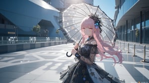 A Gothic Lolita beauty stands out against a backdrop of sleek, modern architecture. Wearing a stunning black and white lace dress embroidered with intricate golden stars, she exudes an air of mysterious elegance. Her long pink hair is braided to perfection, framing her porcelain doll-like face. Clutching a parasol adorned with delicate filigree and sparkling gemstones, she casts a dainty silhouette against the vibrant sunlight. The parasol's layered tulle creates beautiful shadows on the surrounding pavement, adding an air of whimsy to the scene.