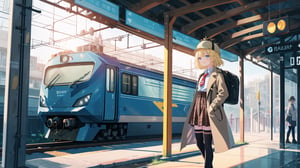 masterpiece, best quality, high quality, extremely detailed, High Detail, vibrant colors, 

(1girl, solo), virtual youtuber, amelia watson, amelia_detective, collared shirt, red necktie, plaid skirt, thighhighs, smile, holding, standing, from side, clock, pocket watch, deerstalker, detective outfit, trench coat, preparing to board a train, 

platform with train, train station, big windows, sunlight, sunlight streaming through, vintage clock on the wall, warm and inviting atmosphere, morning light, sense of adventure and anticipation