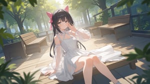 masterpiece, best quality, high quality, extremely detailed CG unity 8k wallpaper, extremely detailed, High Detail, vibrant colors, backlight, 

(1girl, solo), looking at viewer, black hair, dress, sitting, white dress, see-through, realistic, salute, bench,

A person sitting outdoors on a wooden floor, wearing a white dress and transparent long sleeves, with a pink bow accessory in hair, sunlight creating bright shadows, natural and comfortable environment with trees and wooden benches in the background