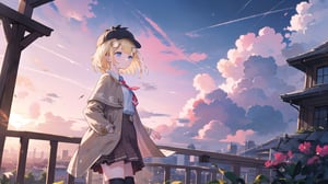 masterpiece, best quality, high quality, extremely detailed, High Detail, vibrant colors, backlight, colorful, illustration, purple and pink hues

(1girl, solo), short hair, blue eyes, blonde hair, monocle hair ornament, from side, standing, virtual youtuber, amelia watson, watson amelia, amelia_detective, collared shirt, red necktie, plaid skirt, thighhighs, (detective accessories:0) deerstalker, brown capelet, pocket watch, 

outdoors, sky, cloud, wind, sunset, sunset sky, large clouds, detective outfit, plaid hat, wind blowing, soft lighting, outdoor scene, 