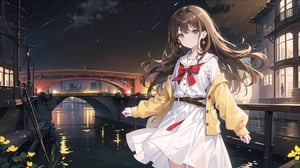 masterpiece, best quality, high quality, extremely detailed CG unity 8k wallpaper, extremely detailed, High Detail, vibrant colors, backlight, simple background, night background, night, yellow background, yellow tones, 

(1girl, solo), long hair, looking at viewer, brown hair, dress, brown eyes, jewelry, earrings, outdoors, belt, white dress, sleeves past wrists, photo background, real world location,

A young girl standing by a riverside at night, wearing a red knit cardigan and a white dress, The background features a river with reflections of lights and a bridge, The scene is set in a peaceful and romantic nighttime atmosphere,