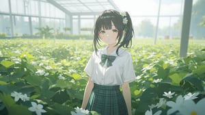 masterpiece, best quality, high quality, extremely detailed CG unity 8k wallpaper, extremely detailed, High Detail, vibrant colors, backlight, photo background, 

(1girl, solo), skirt, shirt, black hair, bow, school uniform, white shirt, ponytail, flower, short sleeves, pleated skirt, outdoors, bowtie, plaid, plaid skirt, field, flower field,

A girl in a white shirt and green plaid skirt standing in a field of green plants and white flowers, with a transparent greenhouse in the background, bright sunny day, fresh and natural atmosphere