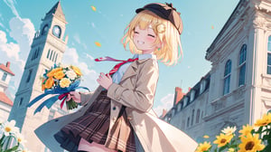 masterpiece, best quality, high quality, extremely detailed, High Detail, vibrant colors, simple background,  white background, colorful, bright background, happy atmosphere, cute, 

(1girl, solo), blush, smile,  grin, ^ ^, closed eyes, virtual youtuber, amelia watson, watson amelia,short hair, blonde hair, hair ornament, onocle hair ornament, amelia_detective, collared shirt, red necktie, plaid skirt, thighhighs, smile, holding, standing, from side, clock, pocket watch, deerstalker, detective outfit, trench coat, holding, flower, bouquet, holding bouquet, holding bouquet of flowers, holomyth, 