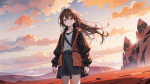 masterpiece, best quality, high quality, extremely detailed CG unity 8k wallpaper, extremely detailed, High Detail, vibrant colors, backlight, photo background, 

(1girl, solo), long hair, looking at viewer, smile, skirt, brown hair, long sleeves, standing, jacket, outdoors, coat,

A person wearing a black jacket standing in front of a vast desert landscape with rocky formations and a cloudy sky, A vast desert landscape with reddish-orange rock formations, eroded geological structures, and flat rock plateaus in the distance under a cloudy sky,