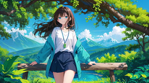 masterpiece, best quality, high quality, extremely detailed, High Detail, vibrant colors, illustration, backlight, colorful, 

(1girl, solo), long hair, smile, brown hair, black hair, long sleeves, upper body, outdoors, sky, day, sweater, tree, blue sky, sleeves past wrists, mountain,

A person wearing a teal jacket standing in a scenic mountain landscape with clear blue skies and sunlight, surrounded by green vegetation and majestic mountains,