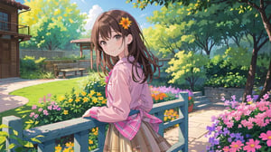 masterpiece, best quality, high quality, extremely detailed CG unity 8k wallpaper, extremely detailed, High Detail, vibrant colors, backlight, photo background, 

(1girl, solo), long hair, looking at viewer, smile, bangs, skirt, brown hair, shirt, long sleeves, brown eyes, standing, flower, outdoors, looking back, lips, head tilt, plaid, pink shirt, pink plaid shirt, plaid shirt, 

green plants, stairs, railing, walkway, orange flowers, outdoor, park, garden, lush greenery, metal railing, peaceful environment, nature scenery