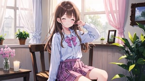 masterpiece, best quality, high quality, extremely detailed CG unity 8k wallpaper, extremely detailed, High Detail, vibrant colors, backlight, simple background, ethereal, dreamy atmosphere, soft lighting, gentle hues,

(1girl, solo), long hair, brown hair, one eye closed, pink plaid shirt, plaid skirt,

a young girl standing by a window, wearing a pink plaid shirt, smiling cutely with one eye winking, hands on her cheeks, playful pose, casual outfit, natural lighting, soft glow, whimsical setting,