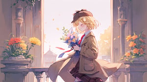 masterpiece, best quality, high quality, extremely detailed, High Detail, vibrant colors, simple background,  white background, colorful, bright background, happy atmosphere, cute, 

(1girl, solo), blush, smile,  grin, ^ ^, closed eyes, virtual youtuber, amelia watson, watson amelia,short hair, blonde hair, hair ornament, onocle hair ornament, amelia_detective, collared shirt, red necktie, plaid skirt, thighhighs, smile, holding, standing, from side, clock, pocket watch, deerstalker, detective outfit, trench coat, holding, flower, bouquet, holding bouquet, holding bouquet of flowers, holomyth, 