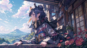 //Quality
(((best quality, 8k wallpaper))), ((detailed eyes, detailed illustration, masterpiece, ultra-detailed)),

//Charater
1girl, solo, ninomae ina'nis, flat_chest, tiny_chest, inanewyears, haori, print kimono, black scarf, double bun, hair flower

// Pose
profile, in_profile, upper body, (dynamic angle), 

// Background
balcony scenery, blue cloudy sky scenery, plants and flowers, mountains scenery,More Detail,perfect light,High detailed 