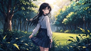 masterpiece, best quality, high quality, extremely detailed CG unity 8k wallpaper, extremely detailed, High Detail, vibrant, colors, backlight, simple background, ethereal, dreamy, soft light, pastel hues,

1girl, solo, long hair, skirt, shirt, black hair, long sleeves, standing, outdoors, striped, from behind, tree, blue skirt, long skirt, striped shirt, fence, facing away,

A girl with long black hair, wearing a striped long-sleeve shirt and a dark blue skirt, walking on a forest path surrounded by trees, The ground is covered with fallen leaves, creating a tranquil and natural atmosphere, soft glow, misty background, gentle breeze, warm tones, soft focus,