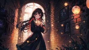 masterpiece, best quality, high quality, extremely detailed CG unity 8k wallpaper, extremely detailed, High Detail, vibrant, colors, backlight, simple background, brick wall background, ethereal lighting, dreamlike atmosphere, sparkling effects, red tune, 

(1girl, solo), long hair, looking at viewer, black hair, jewelry, necklace, black eyes, lips, magic, brick wall, glowing aura, fairy lights, full body, upper body,

A young girl standing in front of a brick wall, holding glowing string lights in her hands, dimly lit background, warm and mysterious atmosphere, calm expression, direct gaze at the camera, slightly pursed lips, wearing a black outfit with red floral embroidery, surrounded by soft glowing orbs, magical ambiance, gentle breeze moving hair and lights, serene and enchanting mood, starry sparkles in the background,