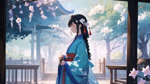 masterpiece, best quality, high quality, extremely detailed CG unity 8k wallpaper, extremely detailed, High Detail, vibrant colors, backlight, photo background, 

(1girl, solo), long hair, black hair, hair ornament, long sleeves, holding, closed mouth, standing, closed eyes, braid, flower, hair flower, wide sleeves, blurry, from side, profile, chinese clothes, realistic, branch, hanfu,

A woman in traditional Chinese clothing, wearing a light blue flowing robe, with her hair elegantly styled and adorned with delicate hair accessories, The background is filled with blooming white flowers, creating a romantic and classical atmosphere, The overall scene is ethereal and dreamy,