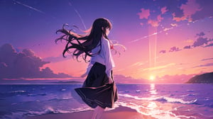 masterpiece, best quality, high quality, extremely detailed CG unity 8k wallpaper, extremely detailed, High Detail, colors, purple tone, 

(1girl, solo), long hair, skirt, shirt, black hair, long sleeves, standing, white shirt, outdoors, sky, cloud, black skirt, water, from behind, shadow, ocean, beach, cloudy sky, scenery, sunset, long skirt, horizon, waves,

A girl standing by the seaside at sunset, back facing the camera, wearing a long sleeve shirt and a long skirt, hands behind her back, serene and solitary atmosphere, pink and purple sky, sun near the horizon, tranquil feeling, sea waves gently touching the shore, reflecting the sunset glow,girl