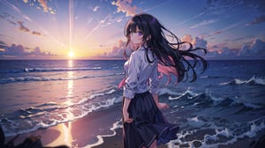 masterpiece, best quality, high quality, extremely detailed CG unity 8k wallpaper, extremely detailed, High Detail, colors, purple tone, 

(1girl, solo), long hair, skirt, shirt, black hair, long sleeves, standing, white shirt, outdoors, sky, cloud, black skirt, water, from behind, shadow, ocean, beach, cloudy sky, scenery, sunset, long skirt, horizon, waves,

A girl standing by the seaside at sunset, back facing the camera, wearing a long sleeve shirt and a long skirt, hands behind her back, serene and solitary atmosphere, pink and purple sky, sun near the horizon, tranquil feeling, sea waves gently touching the shore, reflecting the sunset glow,girl