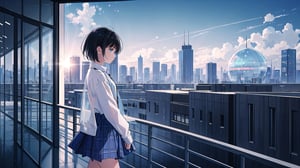 masterpiece, best quality, high quality, extremely detailed CG unity 8k wallpaper, extremely detailed, High Detail, vibrant colors, backlight, photo background,

(1girl, solo), skirt, shirt, black hair, long sleeves, standing, outdoors, solo focus, day, blurry, looking to the side, plaid, blurry background, plaid skirt, walking, a modern building with large glass windows,

A young girl with black short hair standing in front of a modern building with large glass windows, She is wearing a white cardigan, a ribbed white button-up top, and a gray plaid skirt, The sky is clear and blue, The building in the background features curved architecture and reflective glass panels, The overall scene is calm and serene,