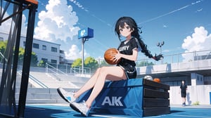 masterpiece, best quality, high quality, extremely detailed CG unity 8k wallpaper, extremely detailed, High Detail, colors, 

(1girl, solo), long hair, smile, black hair, holding, sitting, full body, braid, short sleeves, outdoors, sky, day, cloud, blue sky, white footwear, building, sneakers, ball, basketball,

A young girl sitting on an outdoor basketball court, holding a basketball, She is wearing black sportswear and white sneakers, smiling happily, The background features a clear blue sky and some buildings, creating a relaxed and cheerful athletic atmosphere,girl