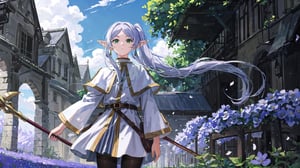 masterpiece, best quality, high quality, extremely detailed CG unity 8k wallpaper, extremely detailed, High Detail, vibrant colors, backlight, photo background, 

(1girl, solo), frieren, long hair, twintails, (green eyes:1.5), grey hair, pointy ears, elf, shirt, long sleeves, jewelry, pantyhose, earrings, striped, black pantyhose, capelet, striped shirt, 

upper body, outdoors, sky, pointy ears, cloud, hand up, blurry, from side, petals, floating hair, field,

A fantasy elf girl with long silver hair, standing in a field of flowers with a dreamy sky background, She is holding a magical staff and her hair is flowing in the wind, The scene is serene and filled with soft light, 