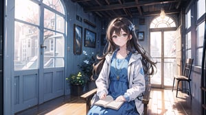 masterpiece, best quality, high quality, extremely detailed CG unity 8k wallpaper, extremely detailed, High Detail, vibrant colors, backlight, photo background, dreamy atmosphere, serene, peaceful, pastel colors,

(1girl, solo), long hair, looking at viewer, brown hair, black hair, long sleeves, dress, holding, brown eyes, sitting, jacket, indoors, lips, book, blue dress, white jacket, door,

A person wearing a white jacket and light blue dress, sitting on an indoor bench, reading a comic book,
Background with wooden doors and walls, traditional design elements,