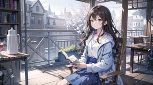 masterpiece, best quality, high quality, extremely detailed CG unity 8k wallpaper, extremely detailed, High Detail, vibrant colors, backlight, photo background, dreamy atmosphere, serene, peaceful, pastel colors,

(1girl, solo), long hair, looking at viewer, brown hair, black hair, long sleeves, dress, holding, brown eyes, sitting, jacket, indoors, lips, book, blue dress, white jacket, door,

A person wearing a white jacket and light blue dress, sitting on an indoor bench, reading a comic book,
Background with wooden doors and walls, traditional design elements,