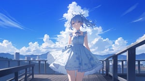 a young anime girl stands on a wooden deck in front of a metal railing. She is dressed in a light blue dress adorned with a floral pattern, adorned with blue ribbons and a white bow. Her hair is pulled back in a ponytail, adding a pop of color to the scene. The sky is a deep blue, dotted with white clouds, and a few buildings can be seen in the distance