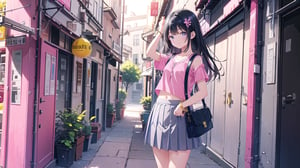 masterpiece, best quality, high quality, extremely detailed CG unity 8k wallpaper, extremely detailed, High Detail, vibrant colors, backlight, photo background, 

(1girl, solo), long hair, looking at viewer, smile, skirt, shirt, black hair, navel, jewelry, standing, short sleeves, pleated skirt, midriff, bag, bracelet, grey skirt, pink shirt, shoulder bag,

girl, pink short sleeve top, grey pleated skirt, yellow small bag, standing, blue shutter door, white text, posing with hands above head, casual outfit,