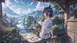 //Quality
(((best quality, 8k wallpaper))), ((detailed eyes, detailed illustration, masterpiece, ultra-detailed)),

//Charater
1girl, solo, ninomae ina'nis, flat_chest, tiny_chest, inacasual, white t-shirt, short shorts, short hair, headphones

// Pose
profile, in_profile, upper body, (dynamic angle), 

// Background
balcony scenery, blue cloudy sky scenery, plants and flowers, mountains scenery,More Detail,perfect light,High detailed ,midjourney