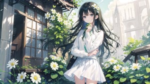 masterpiece, best quality, high quality, extremely detailed CG unity 8k wallpaper, extremely detailed, High Detail, vibrant colors, backlight, photo background, 

1girl, solo, long hair, bangs, skirt, shirt, black hair, long sleeves, holding, jewelry, flower, outdoors, parted lips, black eyes, lips, looking to the side, window, ring, white skirt, plant, white flower, green shirt, holding flower,

a woman holding white daisies, wearing a green knitted sweater, long straight hair, outdoor setting with wooden window and green plants, serene atmosphere, 