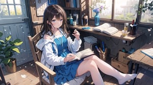 masterpiece, best quality, high quality, extremely detailed CG unity 8k wallpaper, extremely detailed, High Detail, vibrant colors, backlight, photo background, dreamy atmosphere, serene, peaceful, pastel colors,

(1girl, solo), long hair, looking at viewer, brown hair, black hair, long sleeves, dress, holding, brown eyes, sitting, jacket, indoors, lips, book, blue dress, white jacket, door,

A person wearing a white jacket and light blue dress, sitting on an indoor bench, reading a comic book,
Background with wooden doors and walls, traditional design elements,