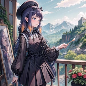 //Quality
(((best quality, 8k wallpaper))), ((detailed eyes, detailed illustration, masterpiece, ultra-detailed)),

//Charater
1girl, solo, ninomae ina'nis, bangs, inapainter, pinafore dress, beret, pantyhose

// Pose
profile, in_profile, upper body, (dynamic angle), painting on a easel, holding a paint brush, 

// Background
balcony scenery, blue cloudy sky scenery, plants and flowers, mountains scenery