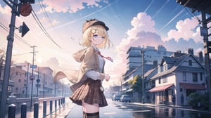 masterpiece, best quality, high quality, extremely detailed, High Detail, vibrant colors, backlight, colorful, illustration, purple and pink hues

(1girl, solo), short hair, blue eyes, blonde hair, monocle hair ornament, from side, virtual youtuber, amelia watson, watson amelia, amelia_detective, collared shirt, red necktie, plaid skirt, thighhighs, (detective accessories:0) deerstalker, brown capelet, pocket watch, 

outdoors, sky, cloud, wind, sunset, sunset sky, large clouds, detective outfit, plaid hat, wind blowing, soft lighting, outdoor scene, bus stop sign,
