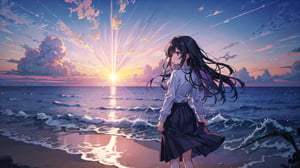 masterpiece, best quality, high quality, extremely detailed CG unity 8k wallpaper, extremely detailed, High Detail, colors, purple tone, 

(1girl, solo), long hair, skirt, shirt, black hair, long sleeves, standing, white shirt, outdoors, sky, cloud, black skirt, water, from behind, shadow, ocean, beach, cloudy sky, scenery, sunset, long skirt, horizon, waves,

A girl standing by the seaside at sunset, back facing the camera, wearing a long sleeve shirt and a long skirt, hands behind her back, serene and solitary atmosphere, pink and purple sky, sun near the horizon, tranquil feeling, sea waves gently touching the shore, reflecting the sunset glow,girl