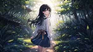 masterpiece, best quality, high quality, extremely detailed CG unity 8k wallpaper, extremely detailed, High Detail, vibrant, colors, backlight, simple background, ethereal, dreamy, soft light, pastel hues,

1girl, solo, long hair, skirt, shirt, black hair, long sleeves, standing, outdoors, striped, from behind, tree, blue skirt, long skirt, striped shirt, fence, facing away,

A girl with long black hair, wearing a striped long-sleeve shirt and a dark blue skirt, walking on a forest path surrounded by trees, The ground is covered with fallen leaves, creating a tranquil and natural atmosphere, soft glow, misty background, gentle breeze, warm tones, soft focus,