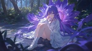 A whimsical portrait of a girl with mesmerizing grey eyes and striking purple hair, cascading down her back like a waterfall. She sits serenely, surrounded by lush greenery and the majestic purple flower, its petals unfolding like a celestial map. Her gaze meets the viewer's, a direct invitation to enter her mystical world. A delicate white jacket adorns her shoulders, contrasting with the vibrant hues around her. Long sleeves flow from her arms like gentle streams, as she cradles her hand above her knee, her very long hair spilling between her eyes like a curtain of mystery. Her feet are clad in pristine white shoes and socks, a testament to her connection to the star-studded universe above.