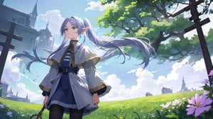 masterpiece, best quality, high quality, extremely detailed CG unity 8k wallpaper, extremely detailed, High Detail, vibrant colors, backlight, photo background, 

(1girl, solo), frieren, long hair, twintails, (green eyes:1.5), grey hair, pointy ears, elf, shirt, long sleeves, jewelry, pantyhose, earrings, striped, black pantyhose, capelet, striped shirt, 

upper body, outdoors, sky, pointy ears, cloud, hand up, blurry, from side, petals, floating hair, field,

A fantasy elf girl with long silver hair, standing in a field of flowers with a dreamy sky background, She is holding a magical staff and her hair is flowing in the wind, The scene is serene and filled with soft light, 